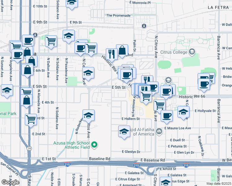 map of restaurants, bars, coffee shops, grocery stores, and more near 750 East 5th Street in Azusa