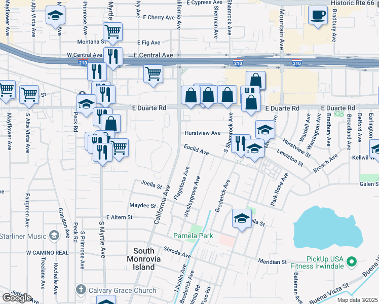 map of restaurants, bars, coffee shops, grocery stores, and more near 504 Euclid Avenue in Duarte