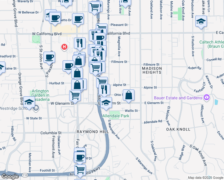 map of restaurants, bars, coffee shops, grocery stores, and more near 945 South Marengo Avenue in Pasadena