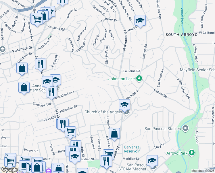 map of restaurants, bars, coffee shops, grocery stores, and more near 1445 Marianna Road in Pasadena
