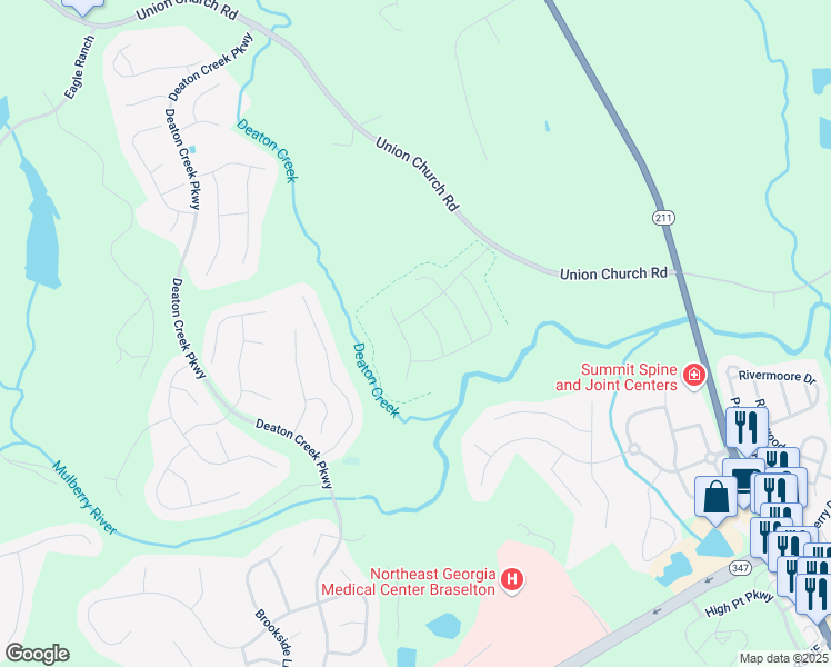 map of restaurants, bars, coffee shops, grocery stores, and more near 6047 Hickory Creek Court in Braselton