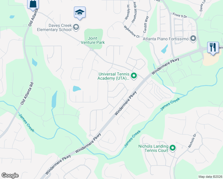 map of restaurants, bars, coffee shops, grocery stores, and more near 4550 Brumby Lane in Cumming