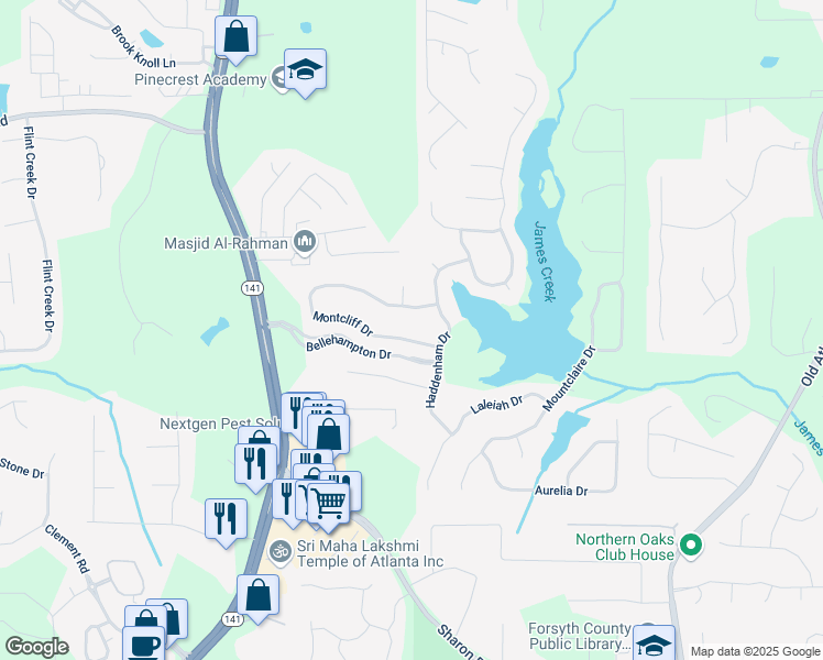 map of restaurants, bars, coffee shops, grocery stores, and more near 1815 Montcliff Drive in Cumming