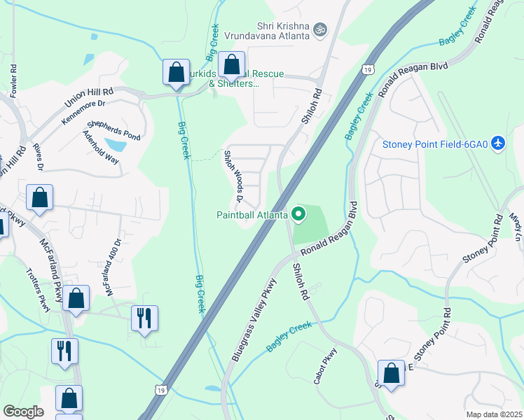 map of restaurants, bars, coffee shops, grocery stores, and more near 6160 Shiloh Woods Drive in Cumming