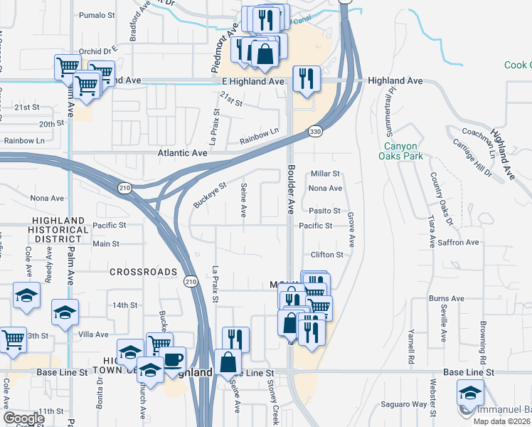 map of restaurants, bars, coffee shops, grocery stores, and more near 4142 Pasito Street in Highland