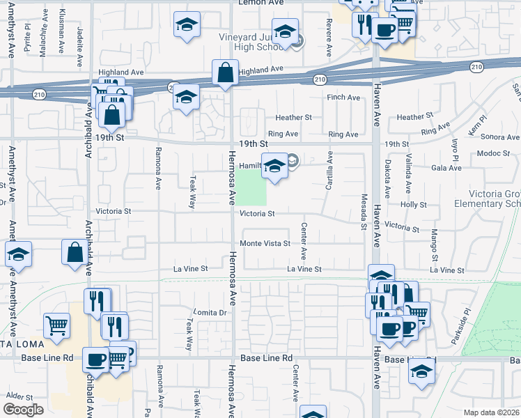 map of restaurants, bars, coffee shops, grocery stores, and more near 10180 Victoria Street in Rancho Cucamonga