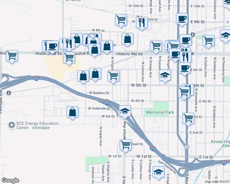 map of restaurants, bars, coffee shops, grocery stores, and more near 443 North Virginia Avenue in Azusa