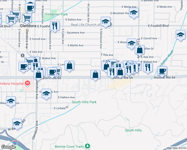 map of restaurants, bars, coffee shops, grocery stores, and more near 733 East Route 66 in Glendora