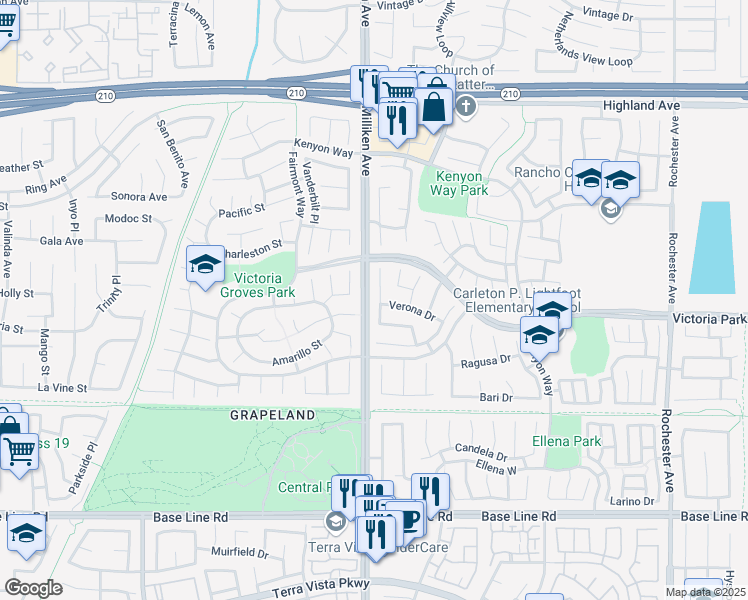 map of restaurants, bars, coffee shops, grocery stores, and more near 6872 Palermo Place in Rancho Cucamonga