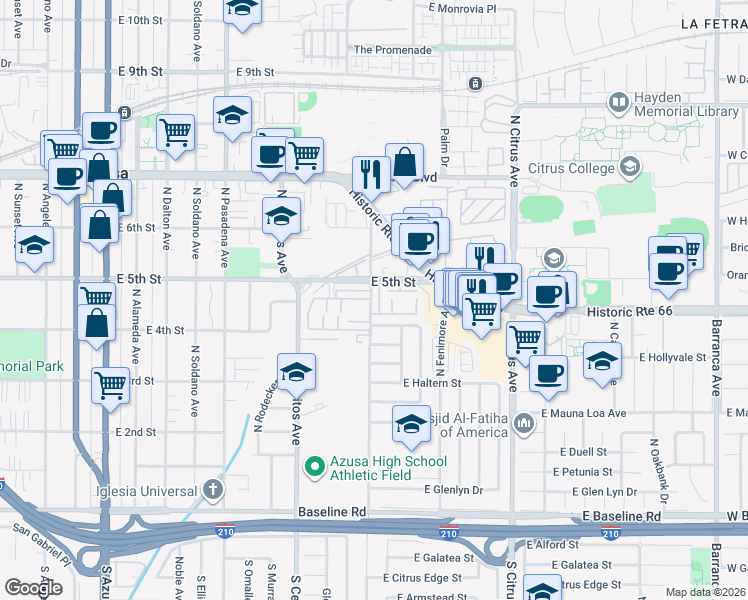 map of restaurants, bars, coffee shops, grocery stores, and more near 750 East 5th Street in Azusa