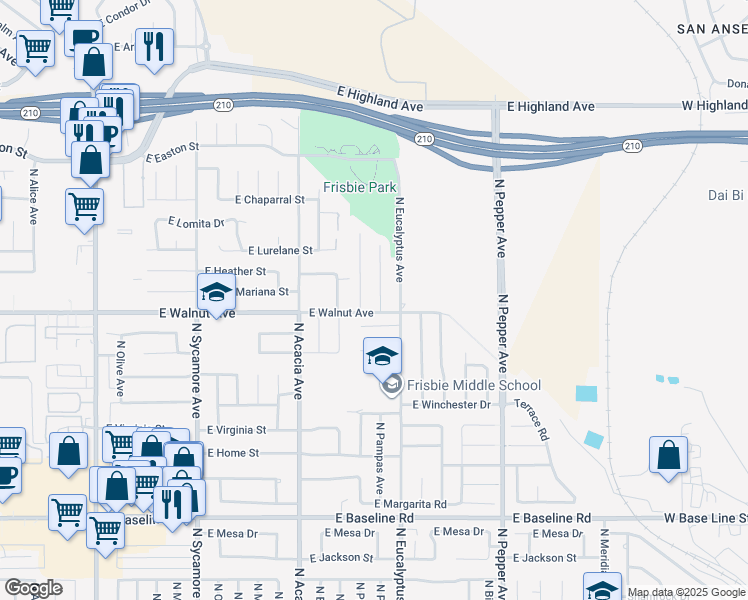 map of restaurants, bars, coffee shops, grocery stores, and more near 1642 North Pampas Avenue in Rialto