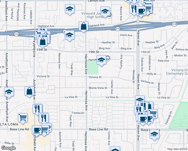 map of restaurants, bars, coffee shops, grocery stores, and more near 10160 Victoria Street in Rancho Cucamonga