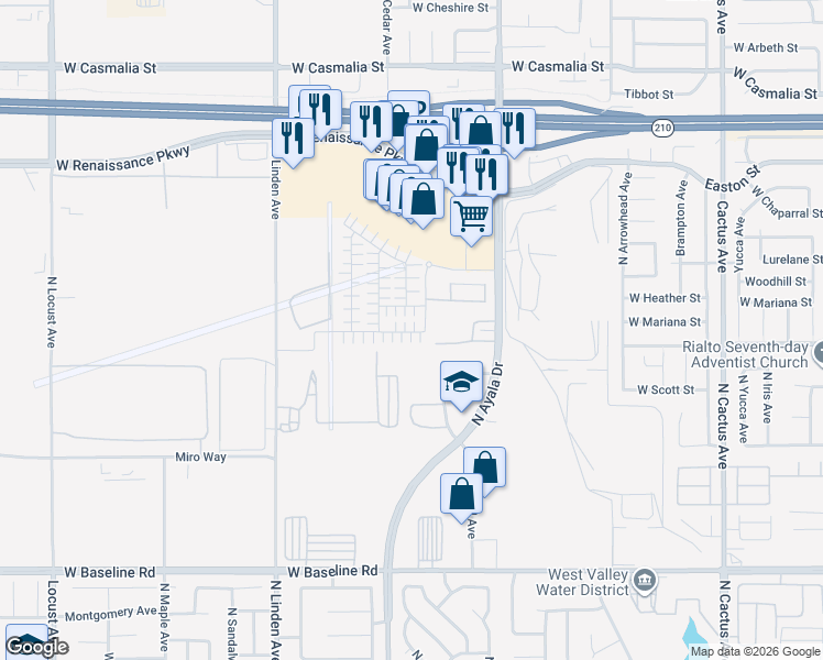 map of restaurants, bars, coffee shops, grocery stores, and more near 1210 Yeager Avenue in Rialto