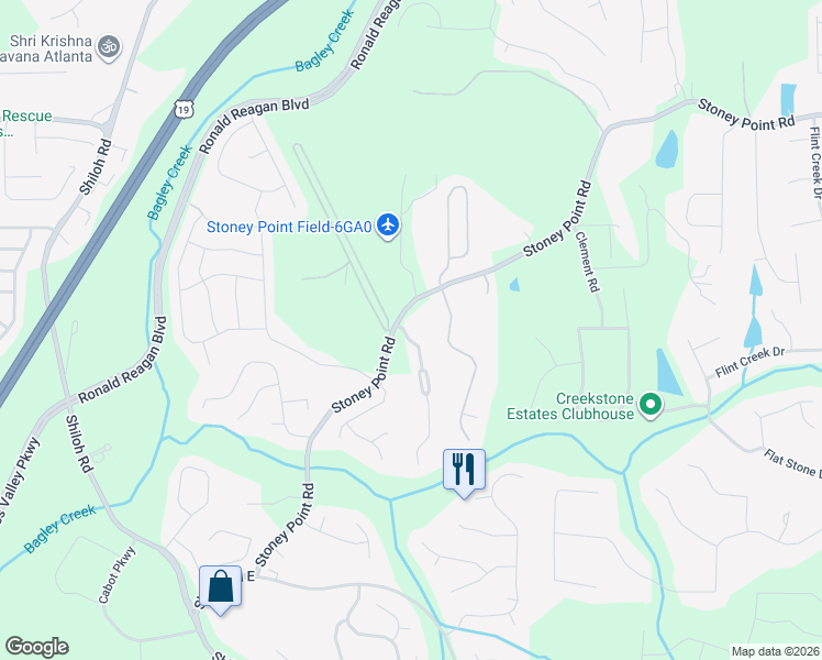 map of restaurants, bars, coffee shops, grocery stores, and more near 2155 Mindy Lane in Cumming