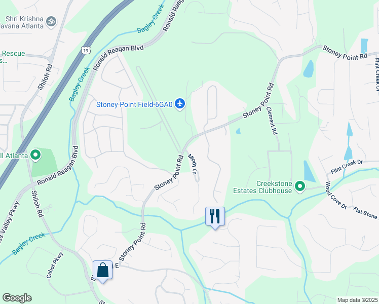 map of restaurants, bars, coffee shops, grocery stores, and more near 2155 Mindy Lane in Cumming