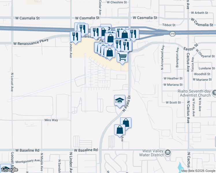map of restaurants, bars, coffee shops, grocery stores, and more near 1208 Yeager Avenue in Rialto