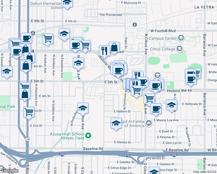 map of restaurants, bars, coffee shops, grocery stores, and more near 750 East 5th Street in Azusa