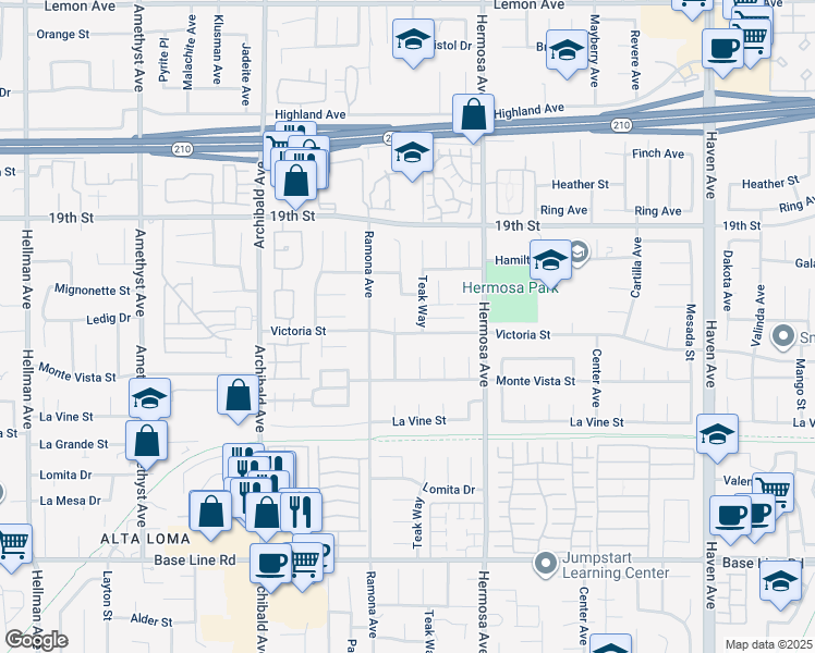 map of restaurants, bars, coffee shops, grocery stores, and more near 9970 Victoria Street in Rancho Cucamonga