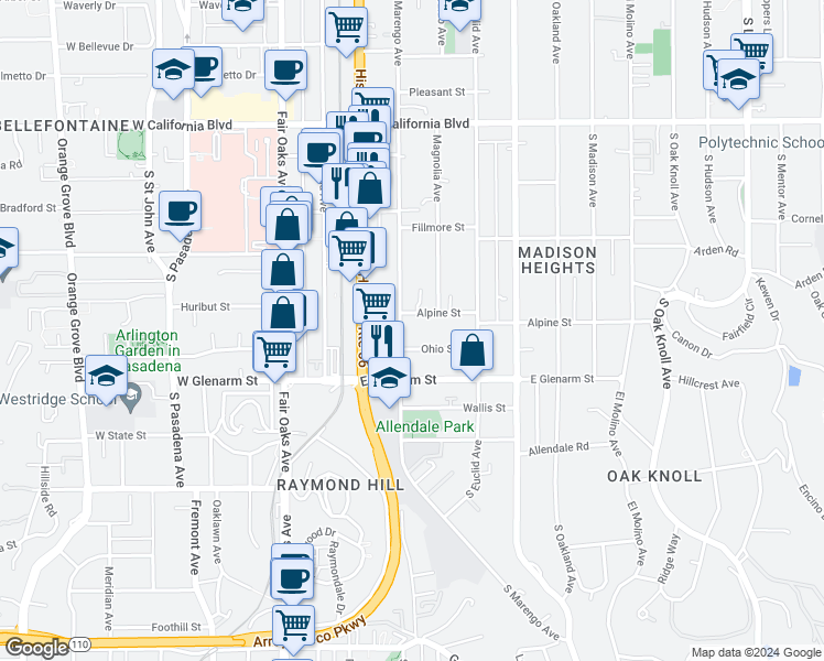 map of restaurants, bars, coffee shops, grocery stores, and more near 968 South Marengo Avenue in Pasadena