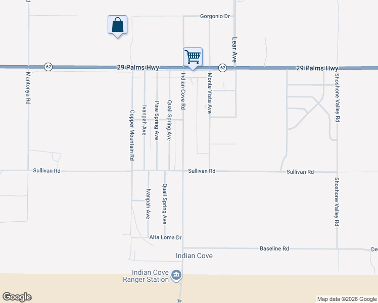 map of restaurants, bars, coffee shops, grocery stores, and more near 6829 Indian Cove Road in Twentynine Palms