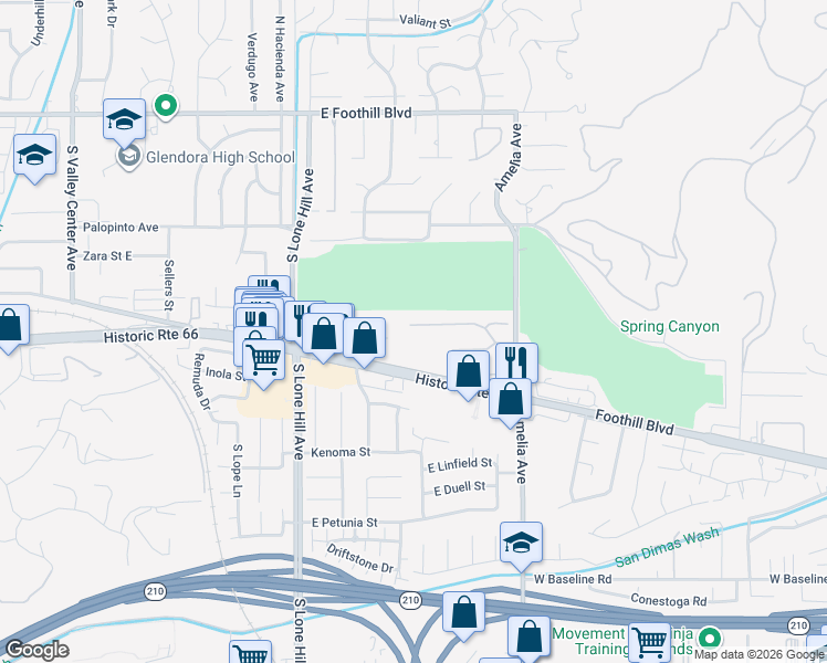 map of restaurants, bars, coffee shops, grocery stores, and more near 2188 Saratoga Lane in Glendora