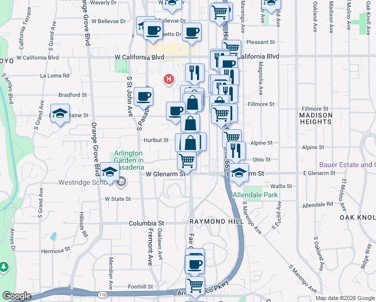 map of restaurants, bars, coffee shops, grocery stores, and more near 961 South Fair Oaks Avenue in Pasadena