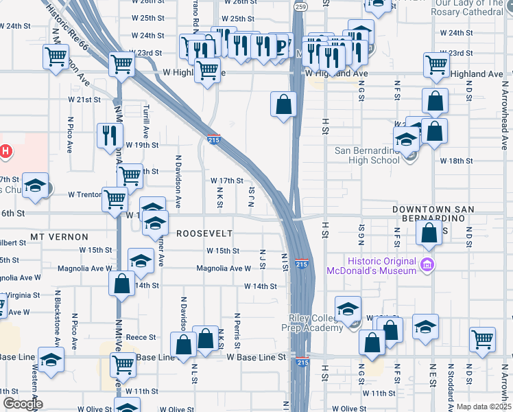 map of restaurants, bars, coffee shops, grocery stores, and more near 1625 North J Street in San Bernardino