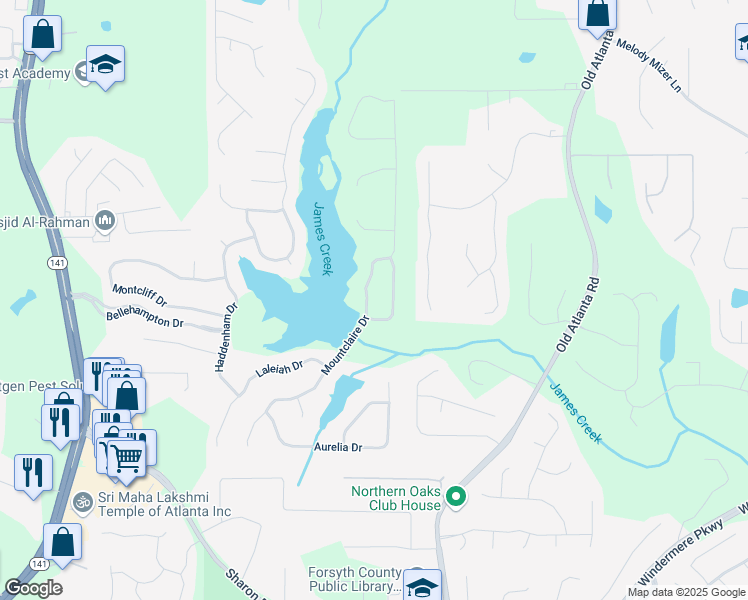map of restaurants, bars, coffee shops, grocery stores, and more near 1115 Mountclaire Drive in Cumming