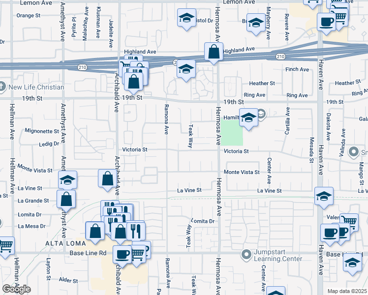 map of restaurants, bars, coffee shops, grocery stores, and more near 9970 Victoria Street in Rancho Cucamonga