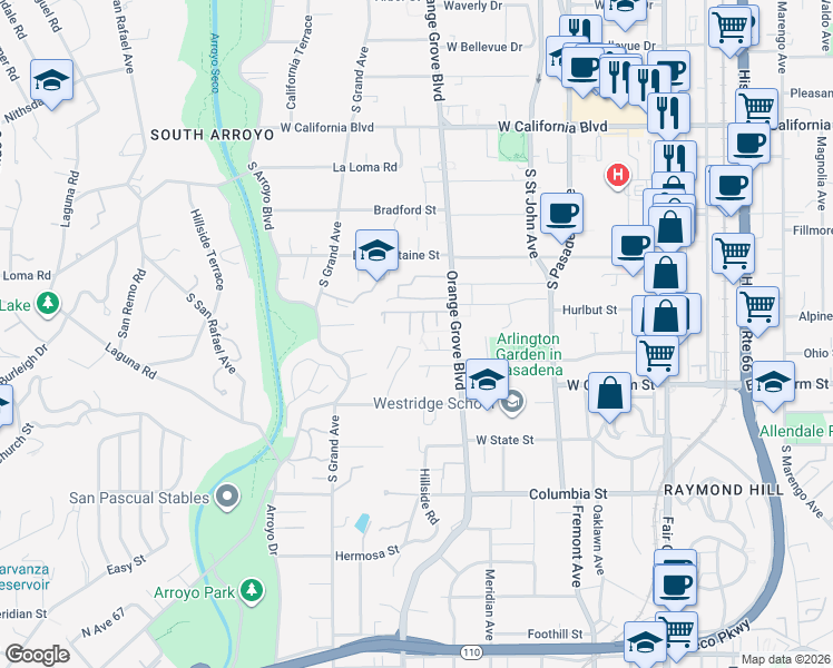 map of restaurants, bars, coffee shops, grocery stores, and more near 555 Orange Grove Circle in Pasadena