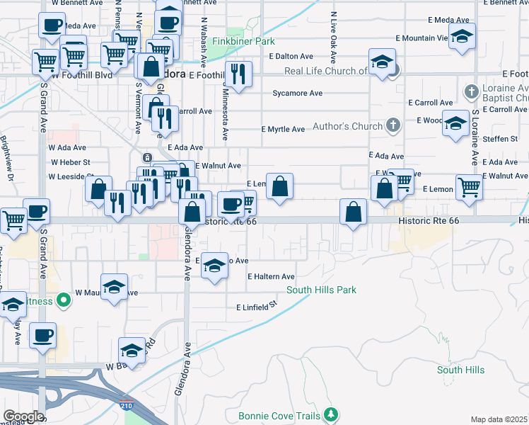 map of restaurants, bars, coffee shops, grocery stores, and more near 431 East Route 66 in Glendora