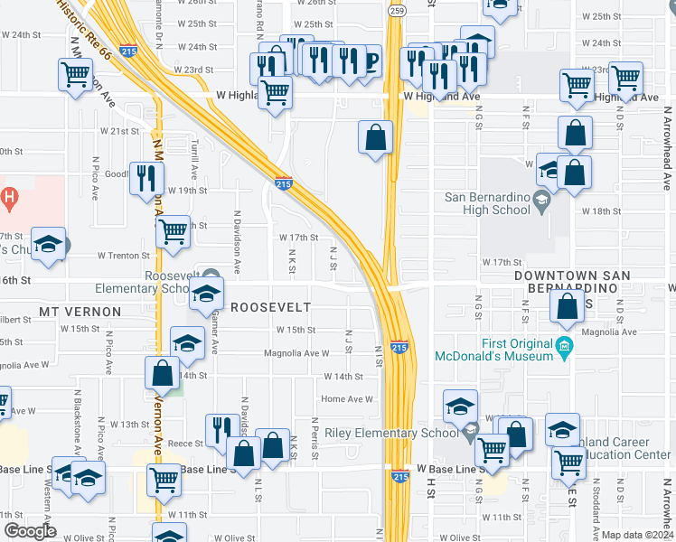 map of restaurants, bars, coffee shops, grocery stores, and more near 1625 North J Street in San Bernardino