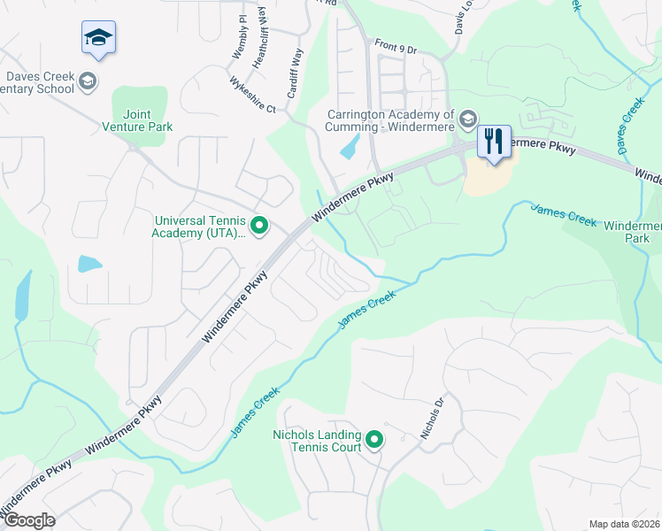 map of restaurants, bars, coffee shops, grocery stores, and more near 4455 Nobel Pass in Cumming