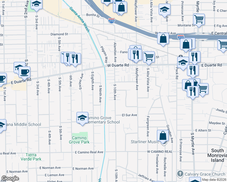 map of restaurants, bars, coffee shops, grocery stores, and more near 1015 South 10th Avenue in Arcadia