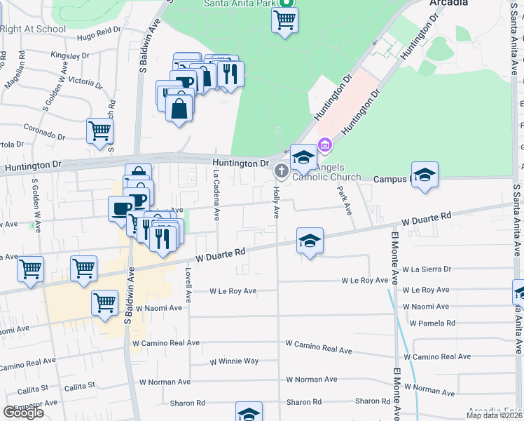 map of restaurants, bars, coffee shops, grocery stores, and more near 420 Fairview Avenue in Arcadia