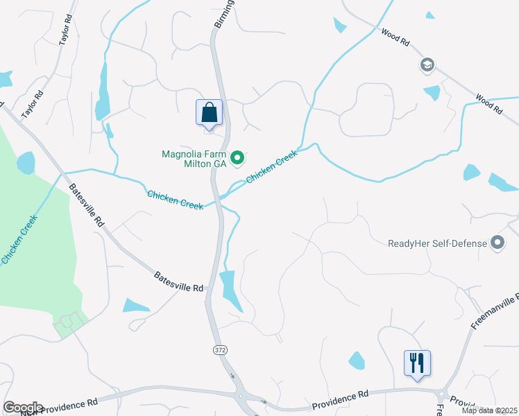 map of restaurants, bars, coffee shops, grocery stores, and more near 14295 Birmingham Highway in Alpharetta