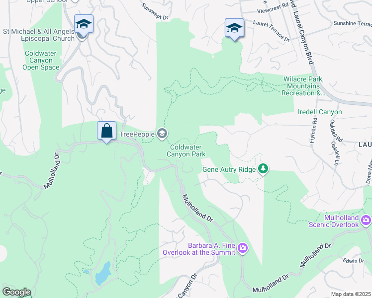 map of restaurants, bars, coffee shops, grocery stores, and more near 12601 Mulholland Drive in Beverly Hills