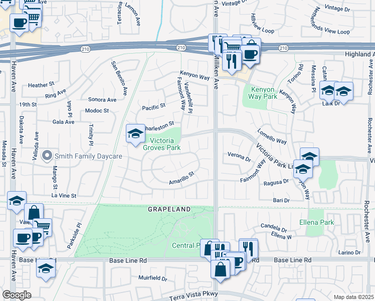 map of restaurants, bars, coffee shops, grocery stores, and more near 6886 Cabrini Court in Rancho Cucamonga