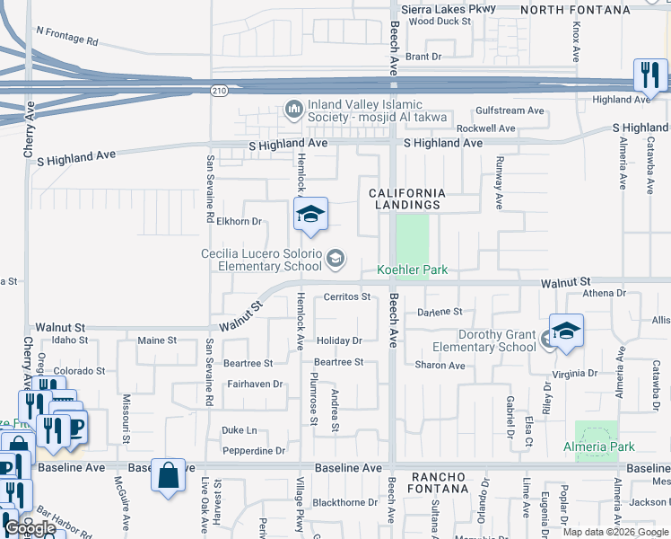 map of restaurants, bars, coffee shops, grocery stores, and more near 15172 Walnut Street in Fontana
