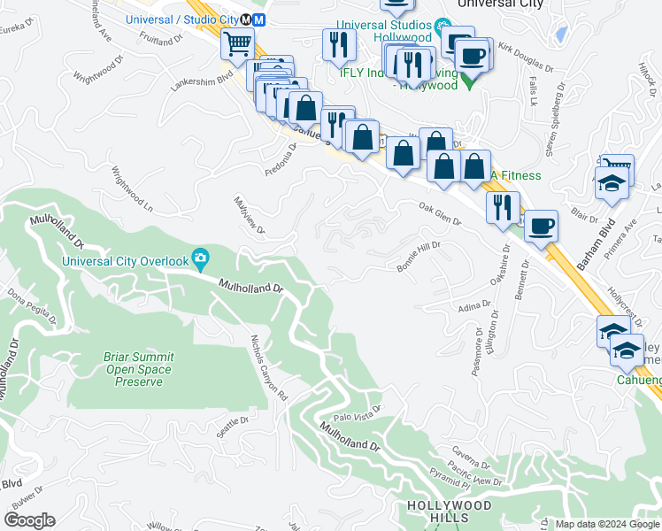 map of restaurants, bars, coffee shops, grocery stores, and more near 3201 Bonnie Hill Drive in Los Angeles