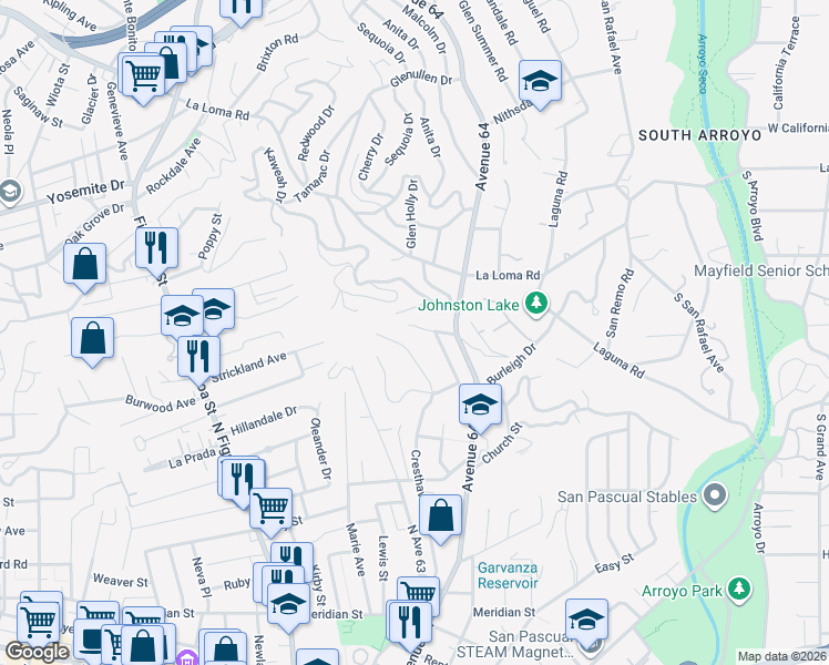 map of restaurants, bars, coffee shops, grocery stores, and more near 1450 Marianna Road in Pasadena