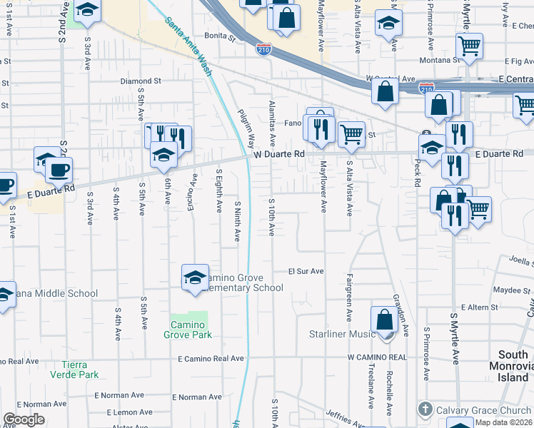 map of restaurants, bars, coffee shops, grocery stores, and more near 1015 South 10th Avenue in Arcadia