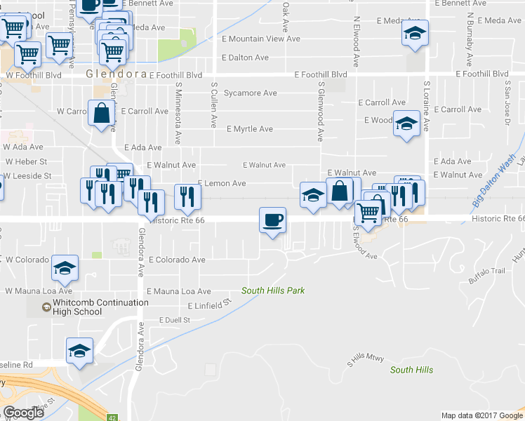 map of restaurants, bars, coffee shops, grocery stores, and more near 611 East Route 66 in Glendora