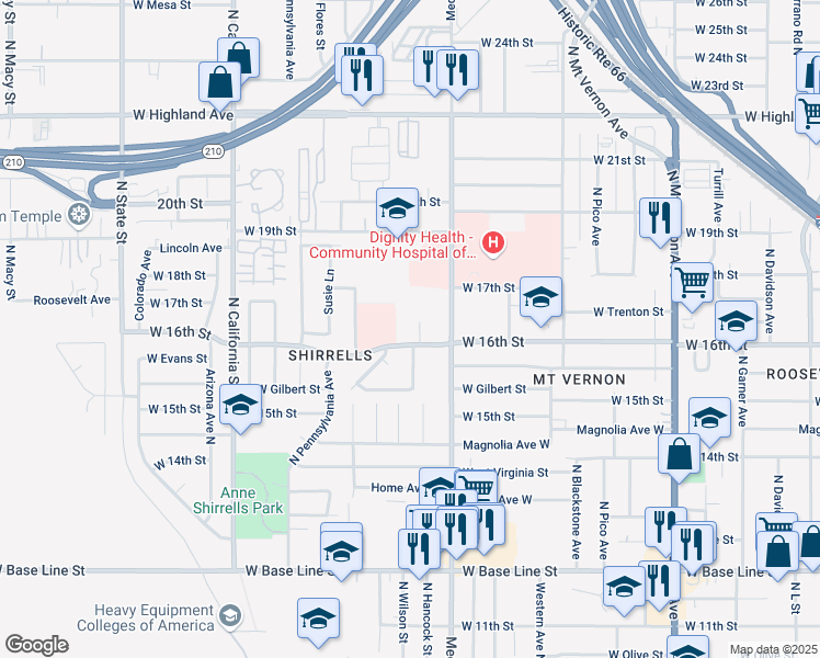 map of restaurants, bars, coffee shops, grocery stores, and more near 1650 West 16th Street in San Bernardino