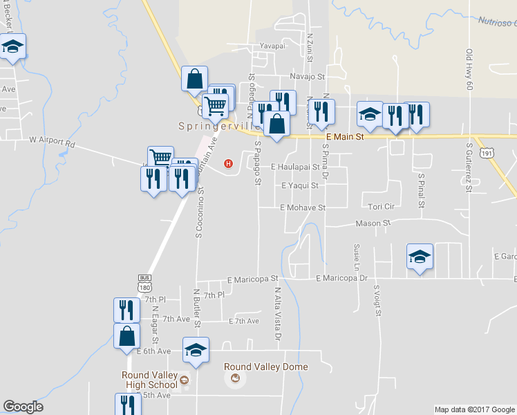 map of restaurants, bars, coffee shops, grocery stores, and more near 241 South Papago Street in Springerville