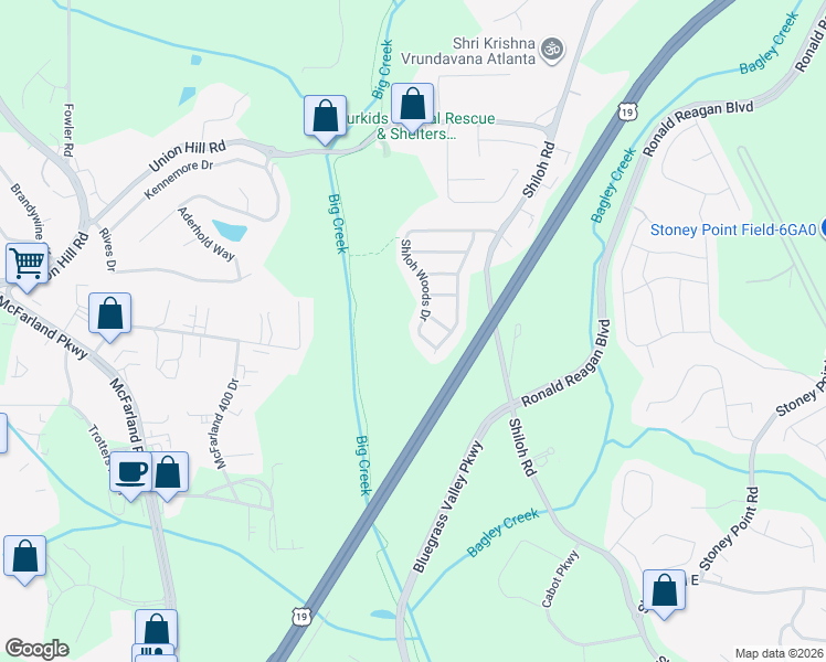 map of restaurants, bars, coffee shops, grocery stores, and more near 5880 Shiloh Woods Drive in Cumming