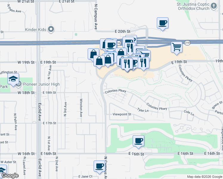 map of restaurants, bars, coffee shops, grocery stores, and more near 1814 North Campus Avenue in Upland