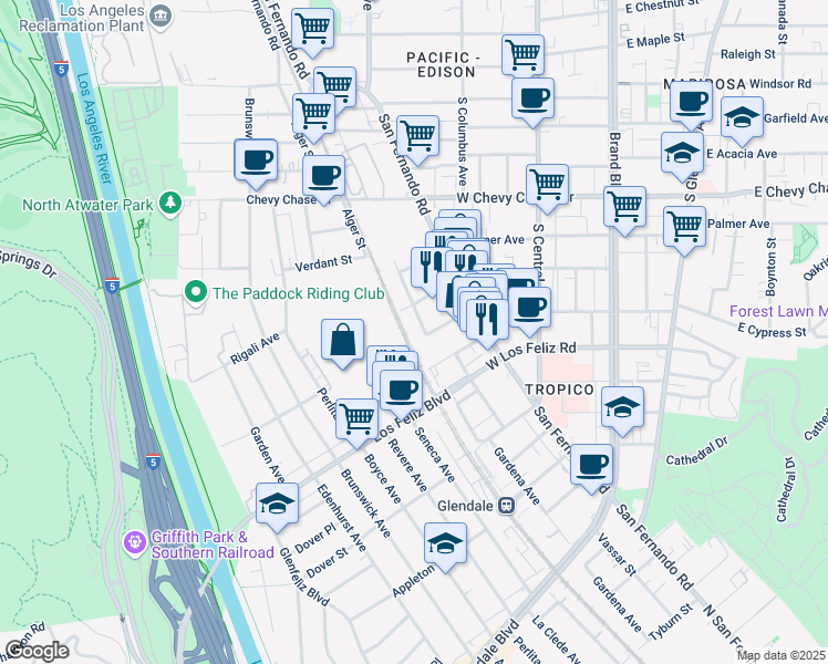 map of restaurants, bars, coffee shops, grocery stores, and more near 1275 Los Angeles St in Glendale