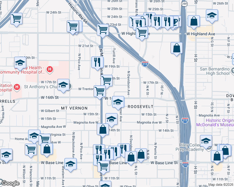 map of restaurants, bars, coffee shops, grocery stores, and more near 1221 Cummings Way in San Bernardino