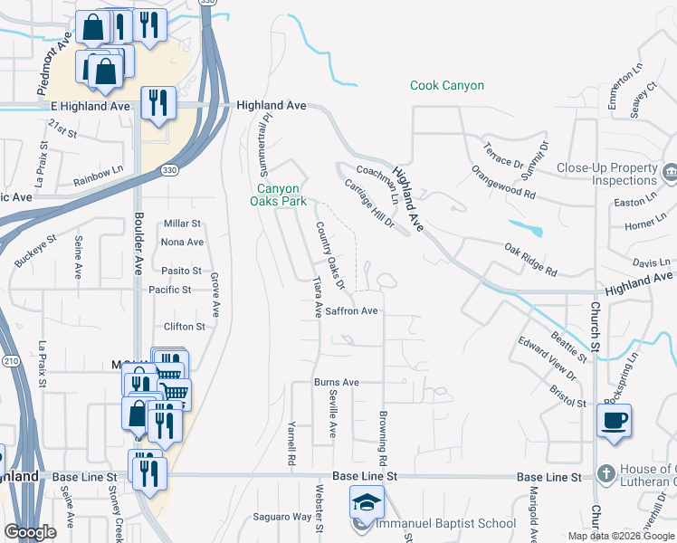 map of restaurants, bars, coffee shops, grocery stores, and more near 28317 Saddlebrook Place in Highland